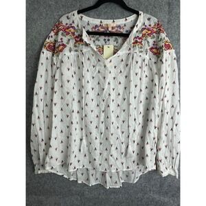 NWT Skies Are Blue Embroidered Peasant Blouse Tassel Tie Neck White XXL